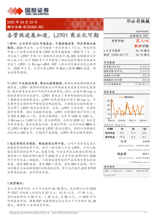 各管线进展加速，LZ901商业化可期