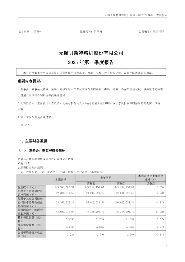贝斯特:2025年一季度报告