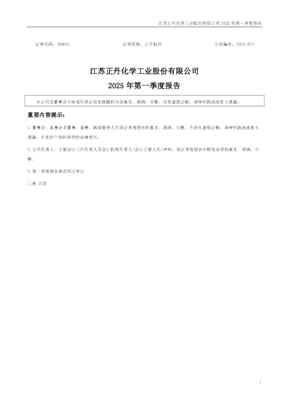 正丹股份：2025年一季度报告