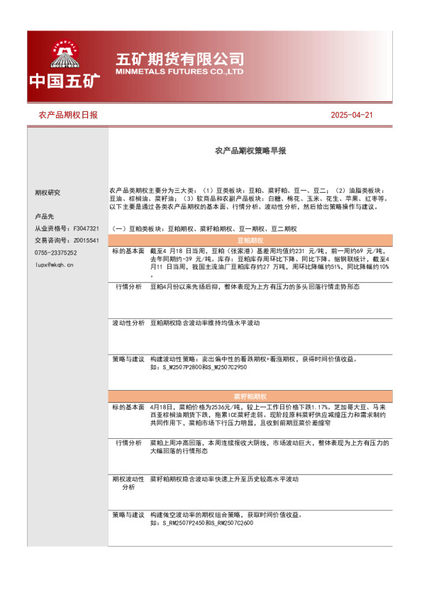 农产品期权策略早报