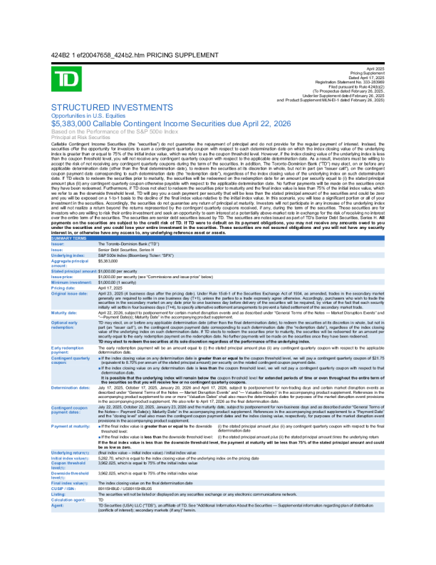 道明银行美股招股说明书(2025-04-21版)