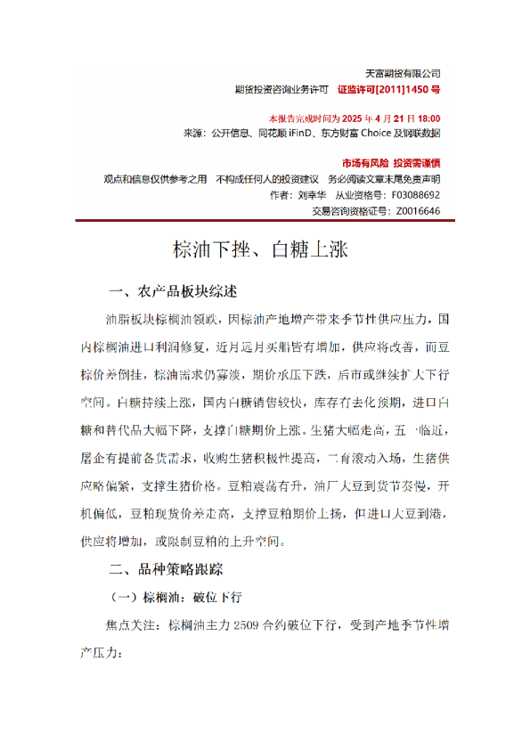 棕油下挫、白糖上涨