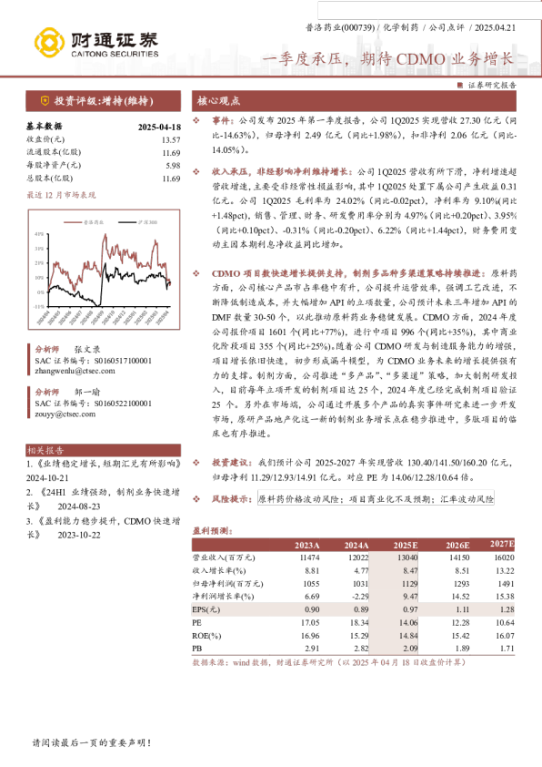 一季度承压,期待CDMO业务增长