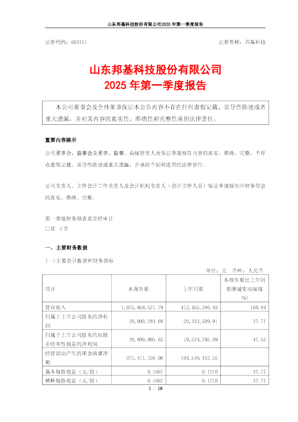 邦基科技：山东邦基科技股份有限公司2025年第一季度报告