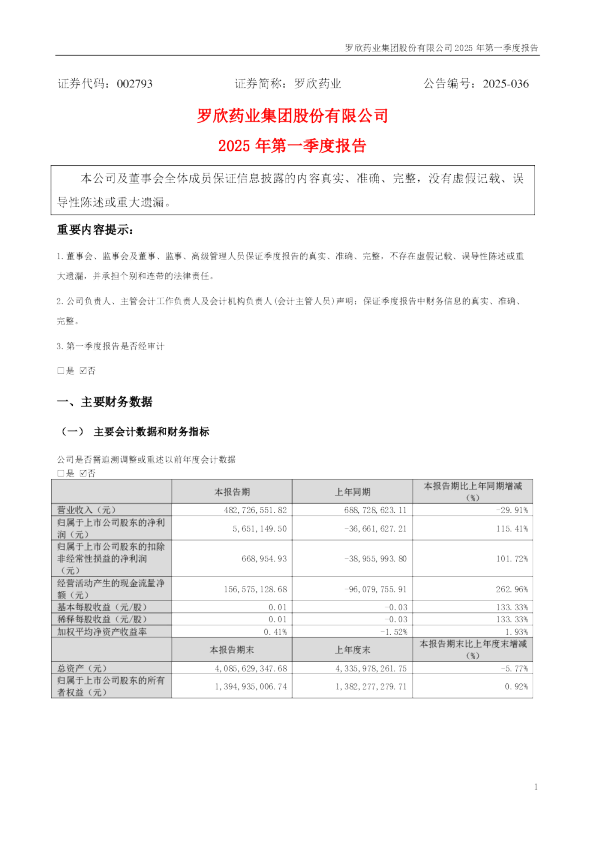 罗欣药业:2025年一季度报告