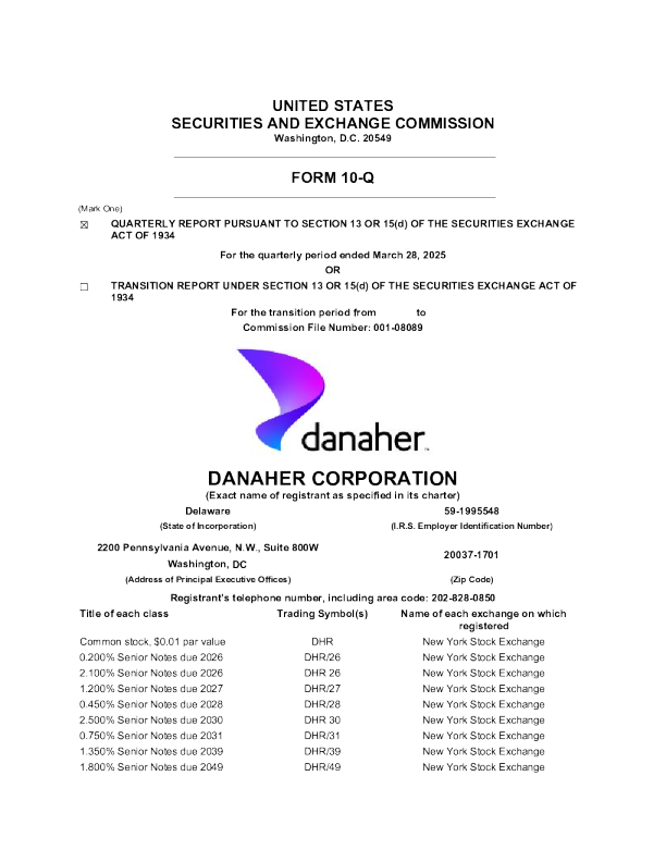 丹纳赫 2025年季度报告