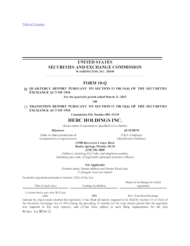 Herc Holdings Inc 2025年季度报告