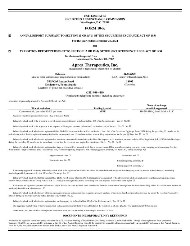 Aprea Therapeutics Inc 2024年度报告