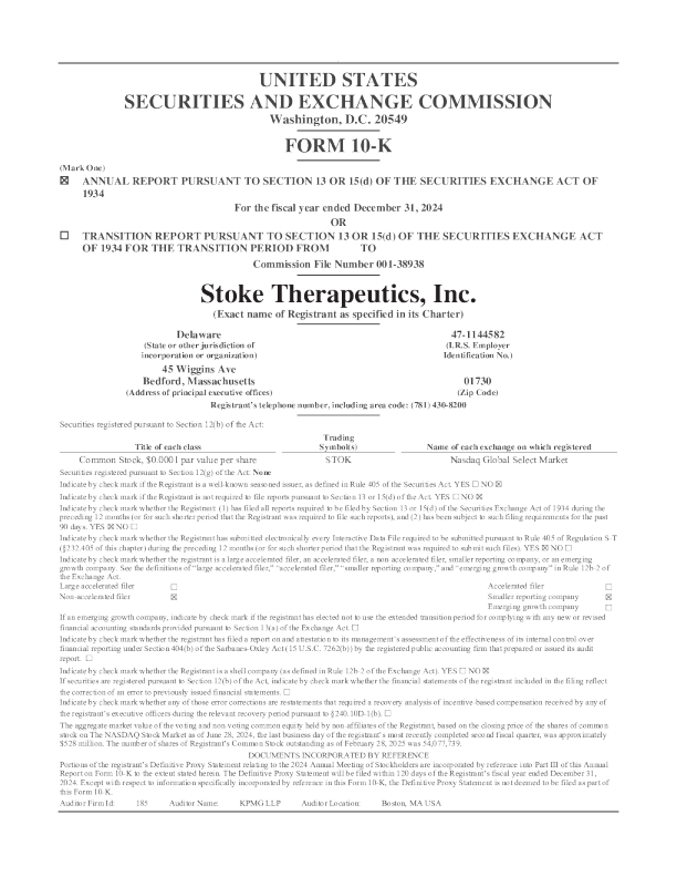Stoke Therapeutics Inc 2024年度报告
