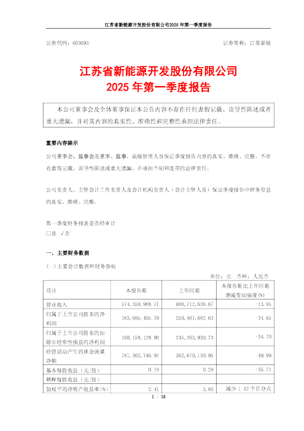 江苏新能：江苏新能2025年第一季度报告