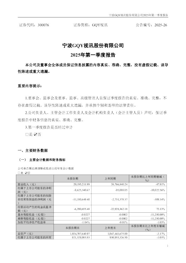 GQY视讯：2025年一季度报告