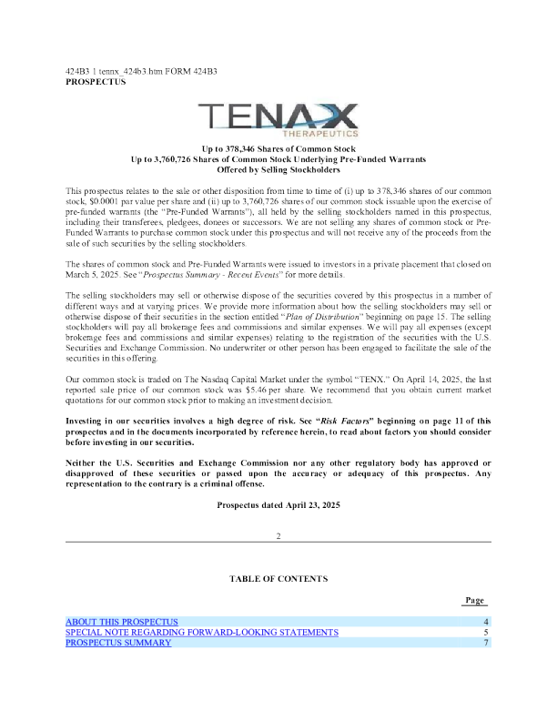 Tenax Therapeutics Inc 美股招股说明书（2025-04-23版）