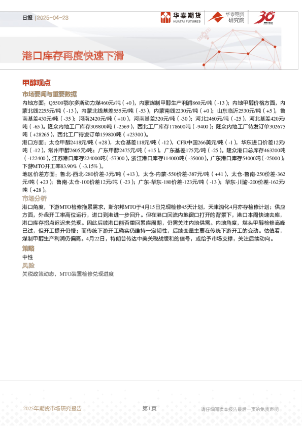 日报：港口库存再度快速下滑