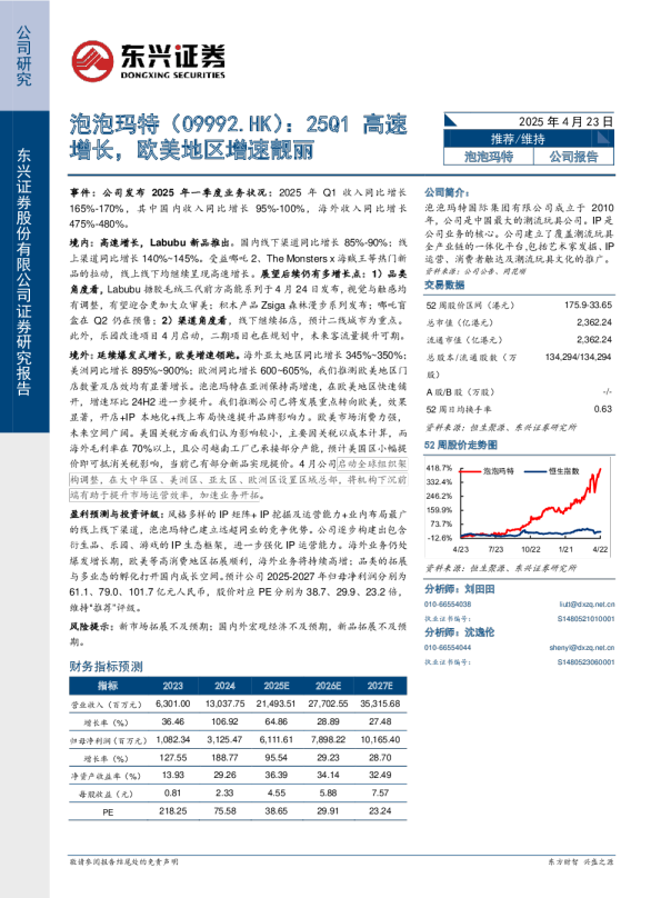 25Q1高速增长，欧美地区增速靓丽
