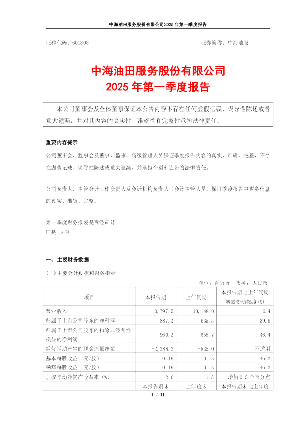 中海油服：中海油服2025年第一季度报告