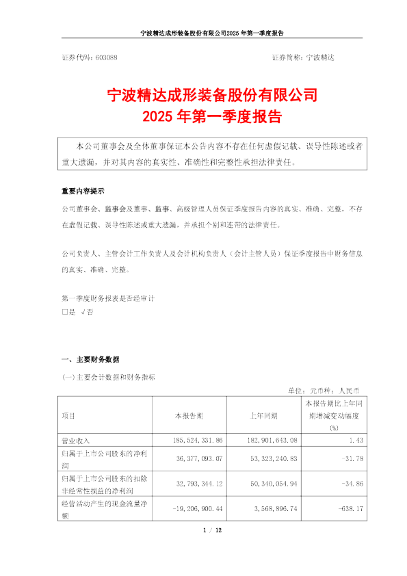 宁波精达：宁波精达2025年一季度报告