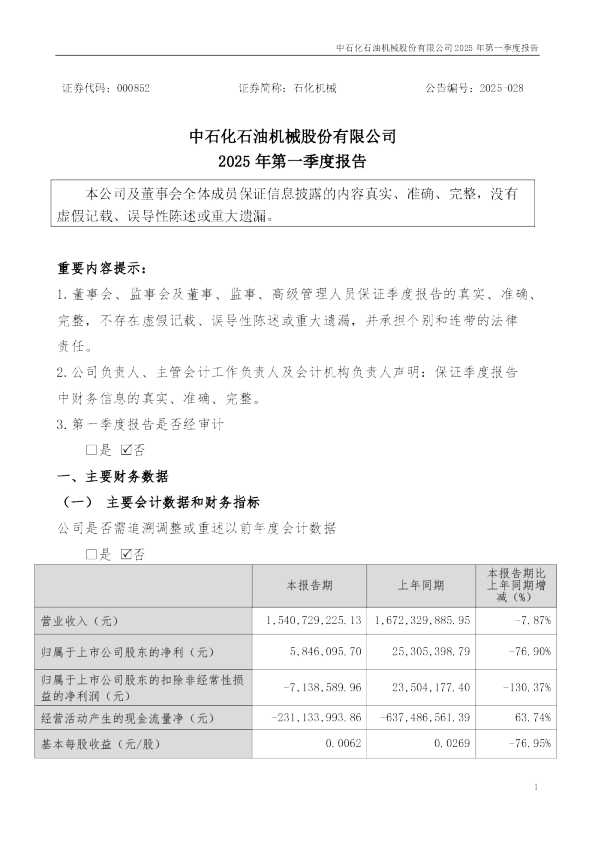 石化机械：2025年一季度报告