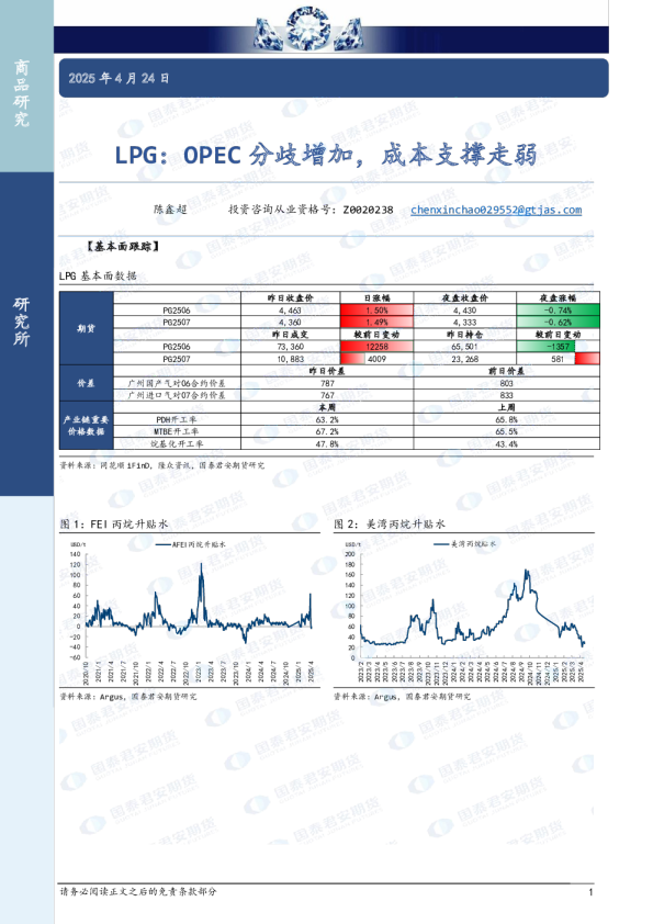 LPG：OPEC分歧增加，成本支撑走弱