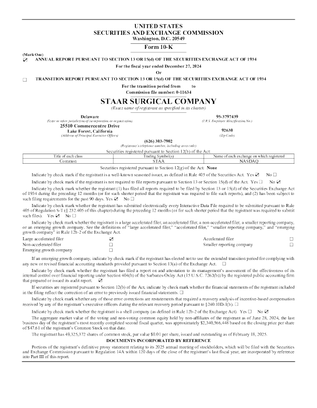STAAR Surgical Co 2024年度报告