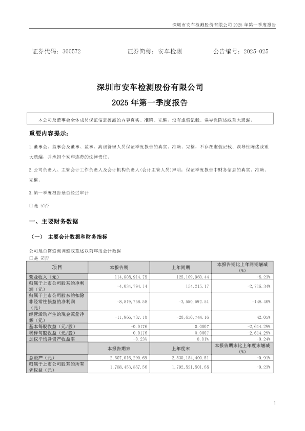 安车检测：2025年一季度报告