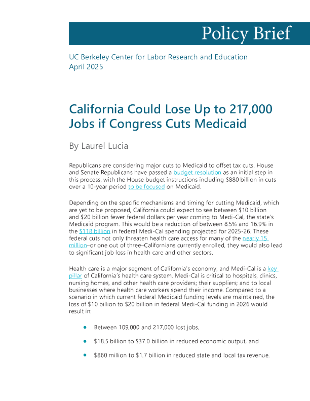 如果国会削减医疗补助计划，加州可能会失去多达217000个工作岗位
