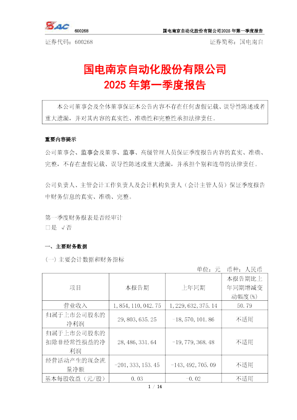 国电南自2025年第一季度报告
