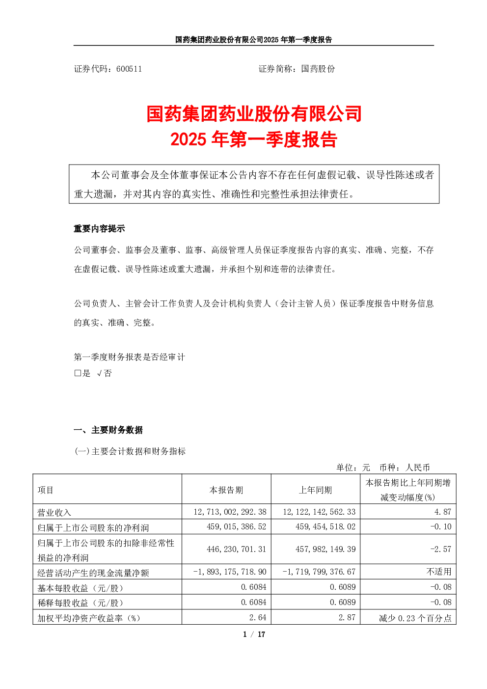 国药股份2025年一季度报告