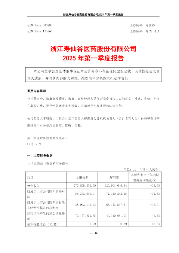 寿仙谷2025年第一季度报告