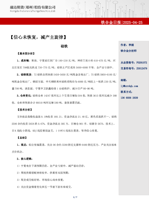 融达期货铁合金日报-信心未恢复、减产主旋律