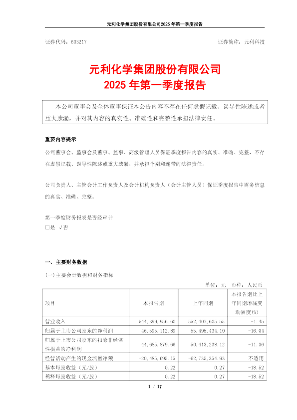 元利科技：2025年第一季度报告
