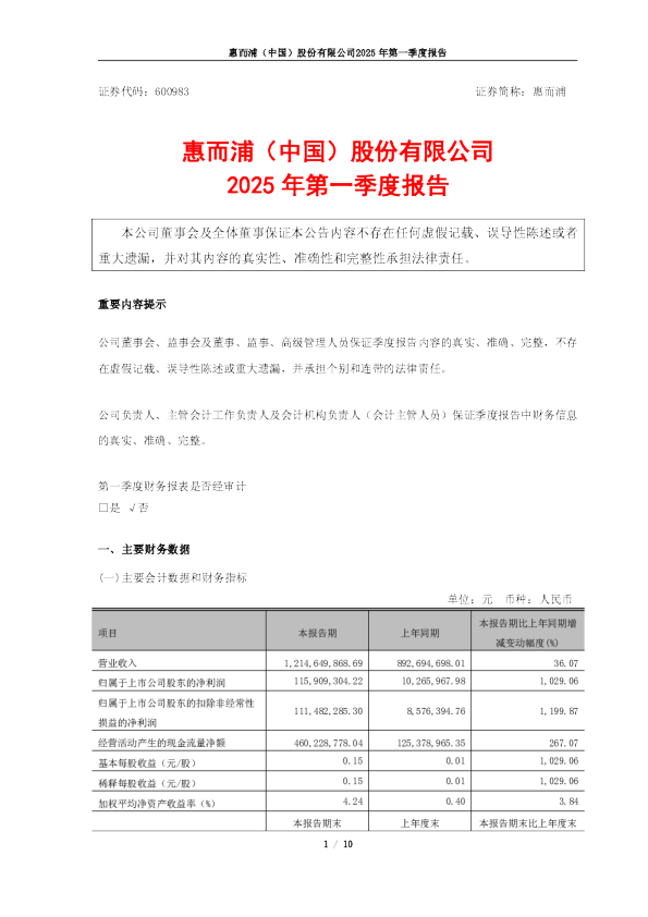 惠而浦:惠而浦2025年第一季度报告