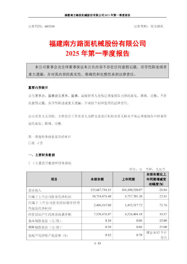 南方路机:南方路机2025年一季度报告