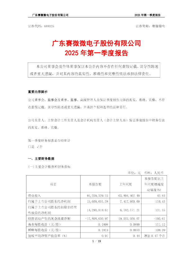 赛微微电：2025年第一季度报告