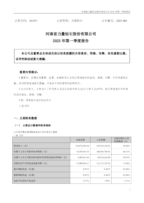力量钻石：2025年一季度报告