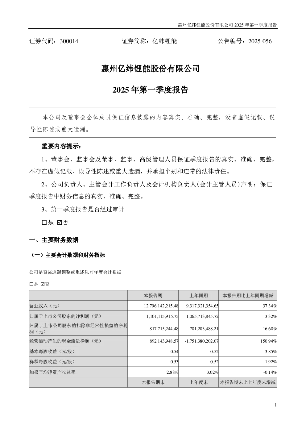 亿纬锂能：2025年一季度报告