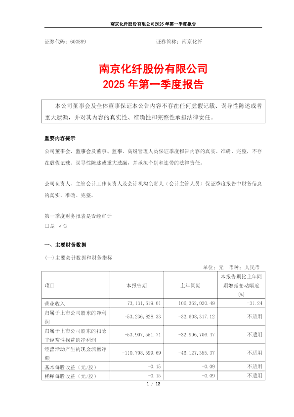 南京化纤:600889_南京化纤_2025年_一季度报告
