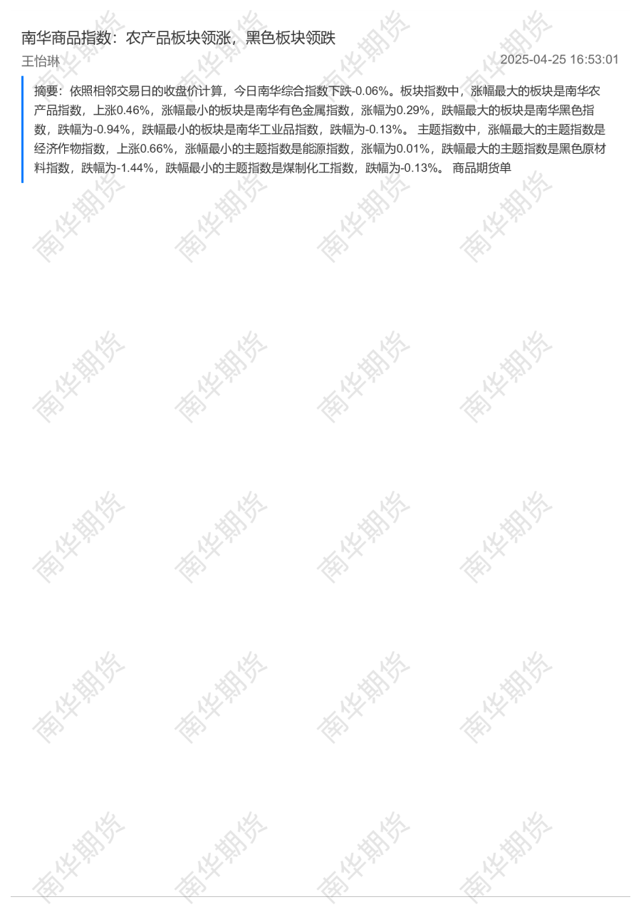南华商品指数：农产品板块领涨，黑色板块领跌