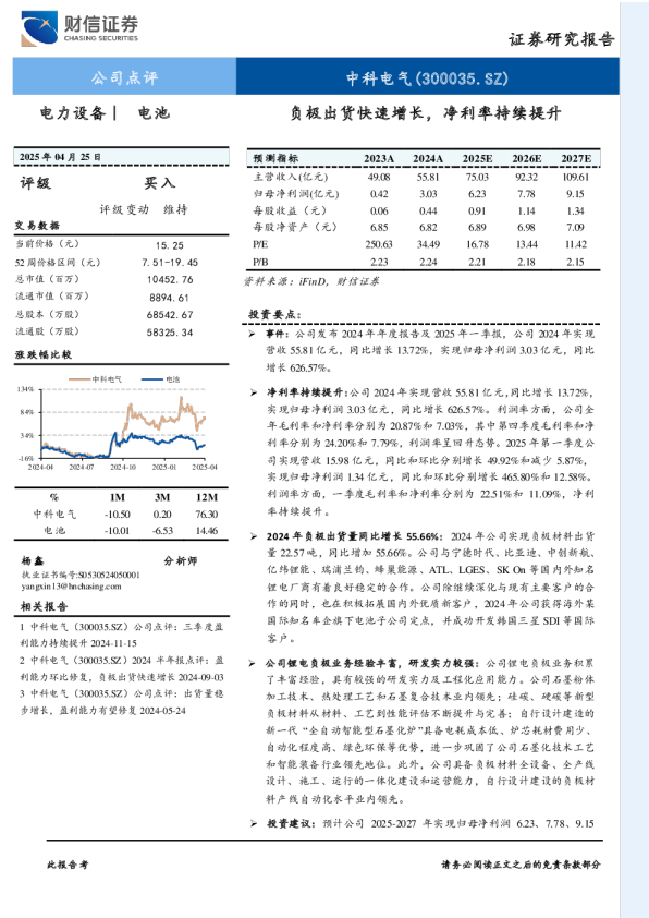 负极出货快速增长，净利率持续提升