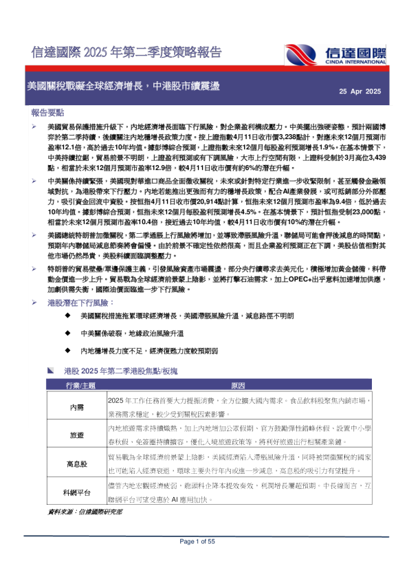 2025年第二季度策略报告：美国关税战碍全球经济增长，中港股市续震荡