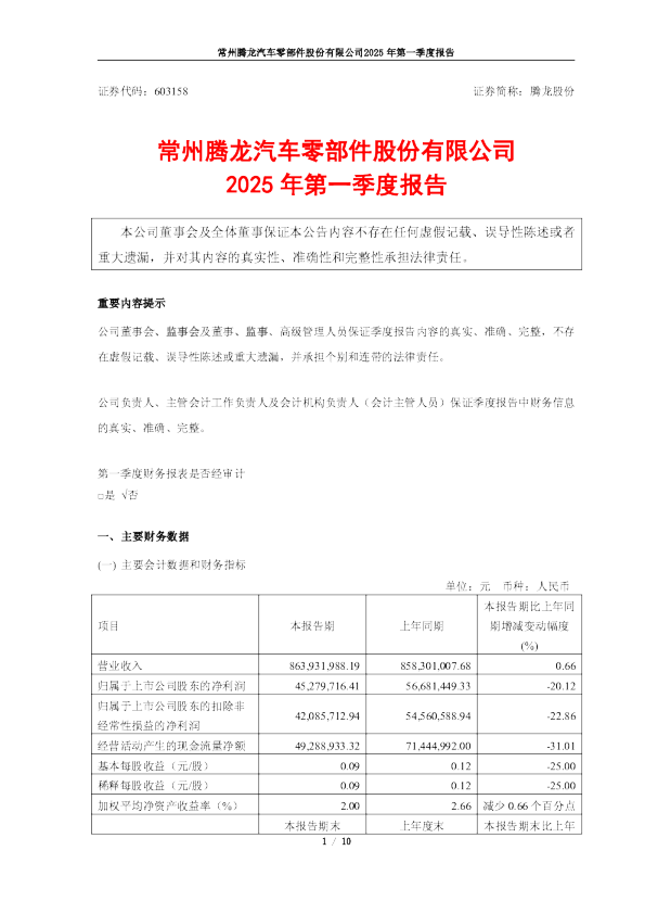 腾龙股份2025年第一季度报告