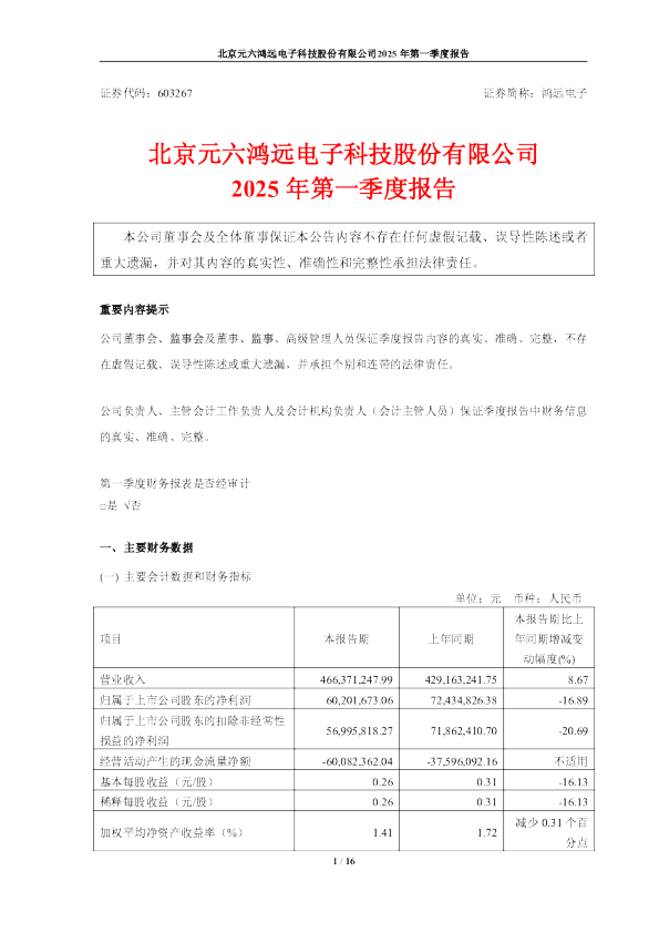 鸿远电子2025年第一季度报告