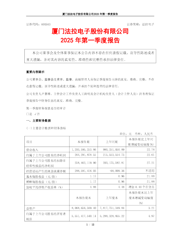 法拉电子2025年一季度报告