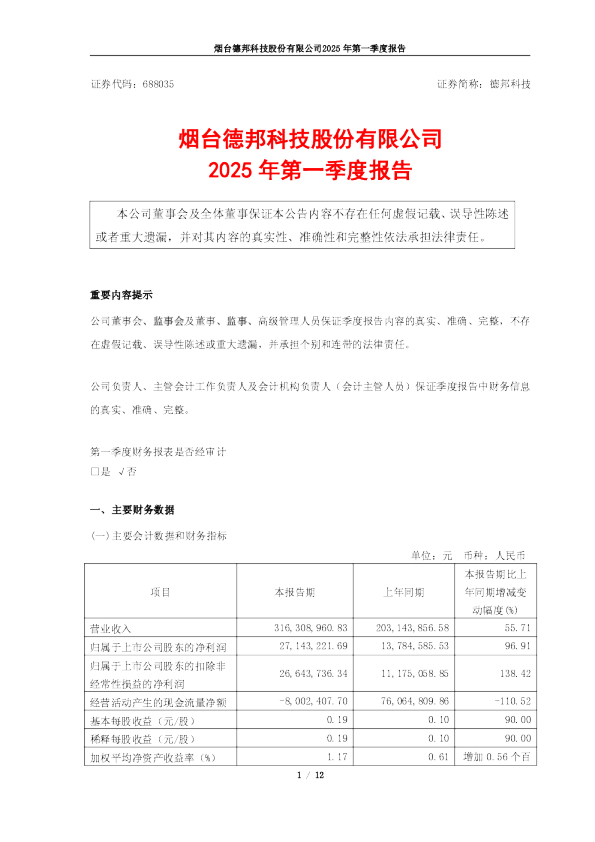 德邦科技：烟台德邦科技股份有限公司2025年第一季度报告