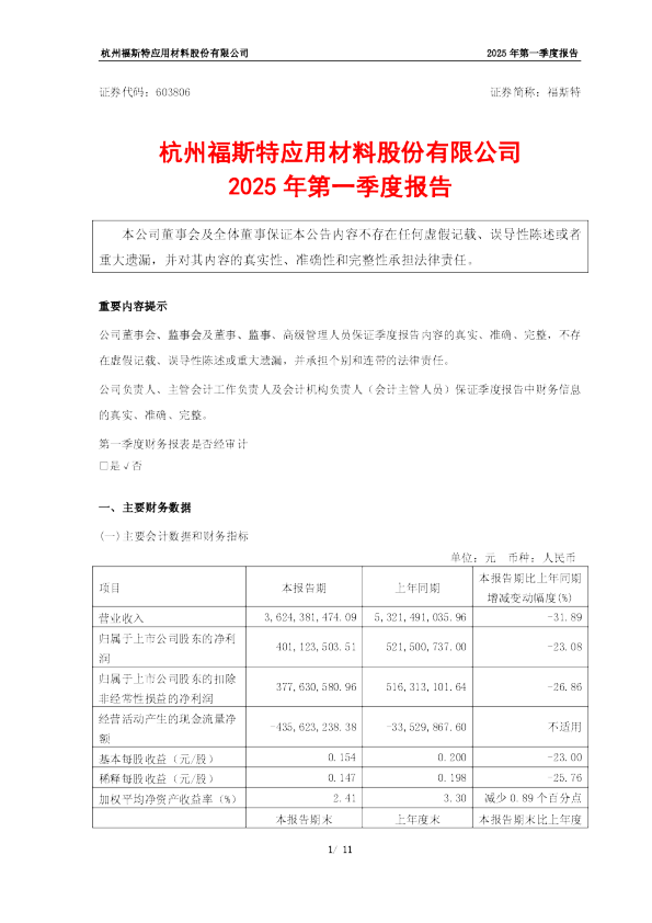 福斯特：福斯特2025年第一季度报告