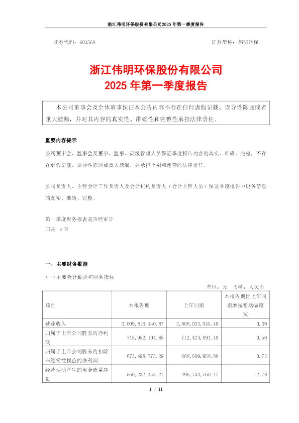 伟明环保:伟明环保2025年第一季度报告