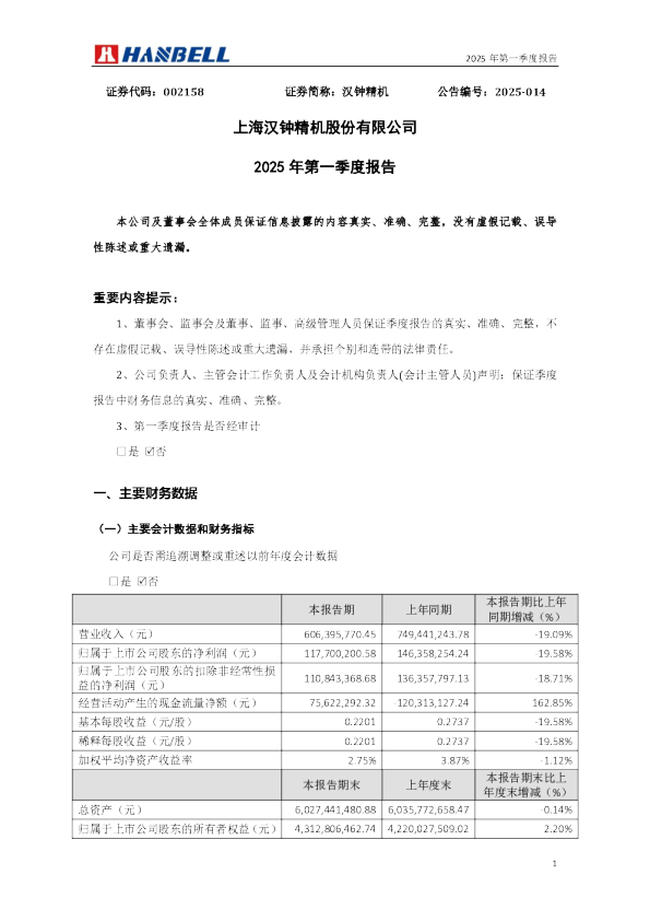 汉钟精机：2025年一季度报告