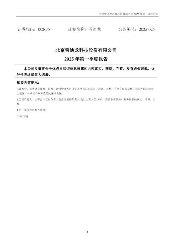 雪迪龙：2025年一季度报告