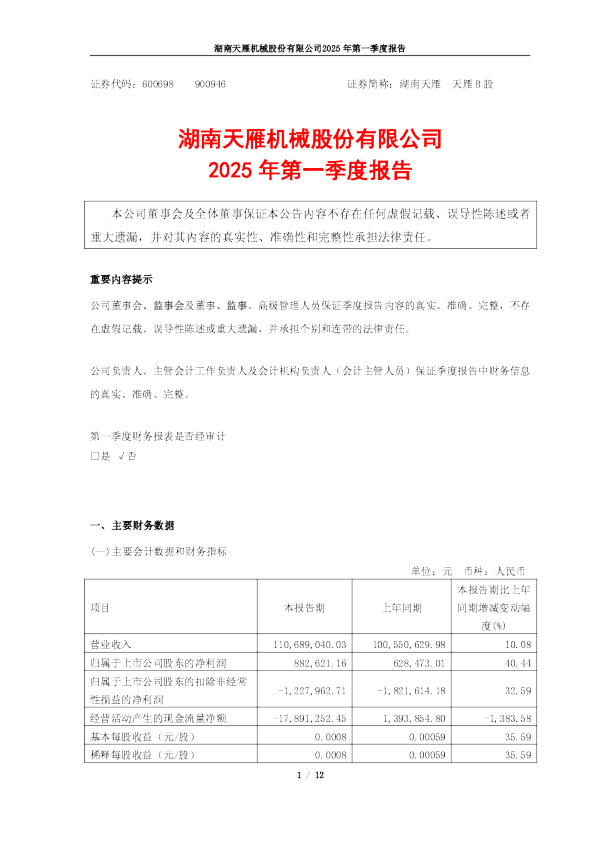 湖南天雁:湖南天雁机械股份有限公司2025年第一季度报告