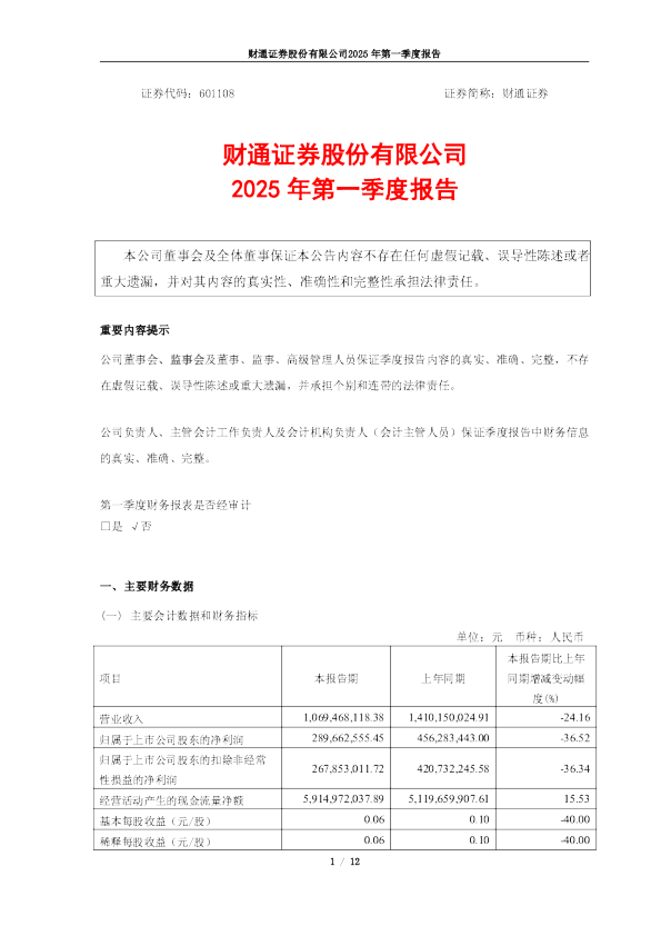 财通证券:2025年第一季度报告