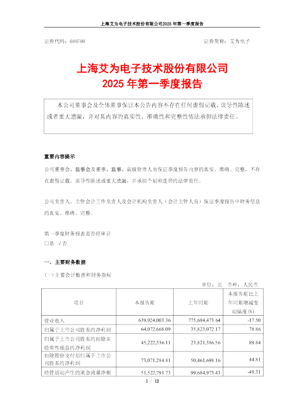 艾为电子：艾为电子2025年第一季度报告